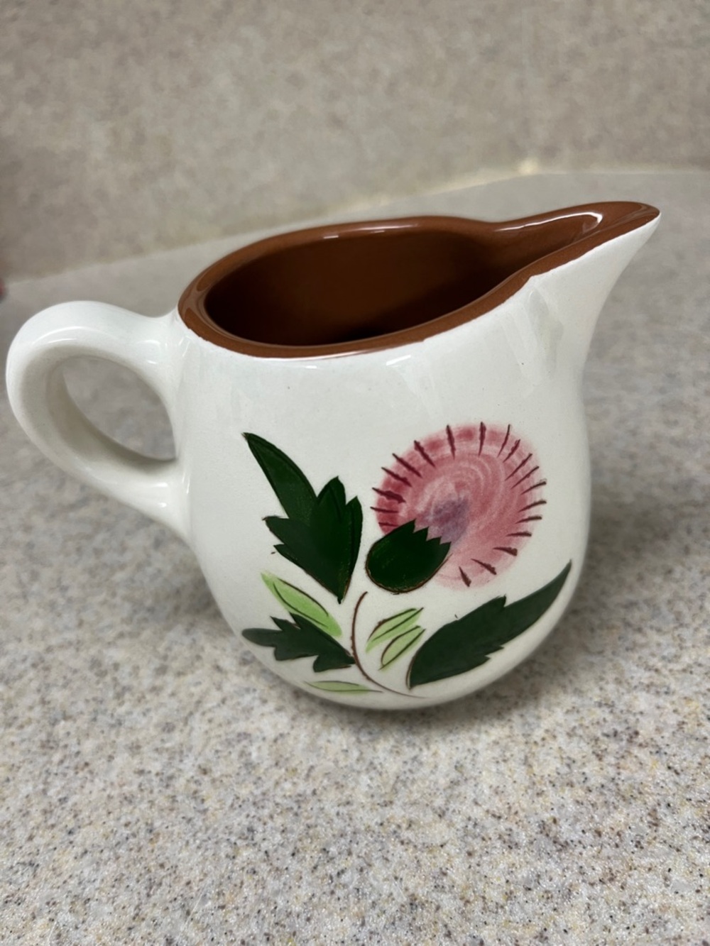 Hand-Painted Floral Ceramic Creamer Pitcher in Pink, Green and Brown